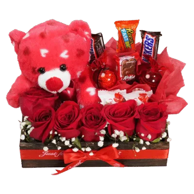 Wooden Box With Teddy Bear & Candy