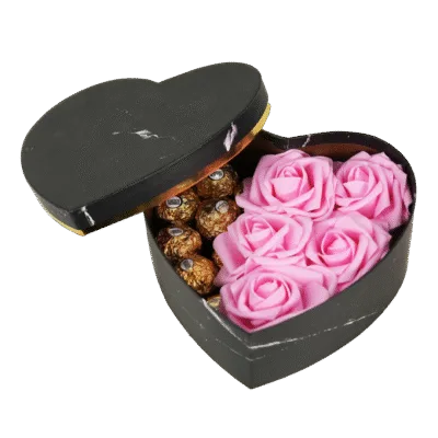 Foam Roses Black Box Heart Shape with Chocolate - Pink